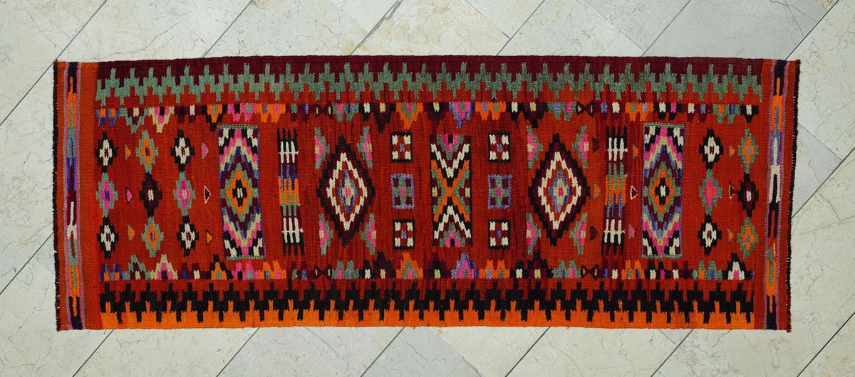 Orange Handmade Kilim Rug Runner: Wedding Gift Flat Weave Wool Rugs 2.4x6.6 ft.