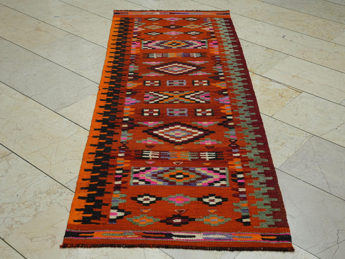 Orange Handmade Kilim Rug Runner: Wedding Gift Flat Weave Wool Rugs 2.4x6.6 ft.