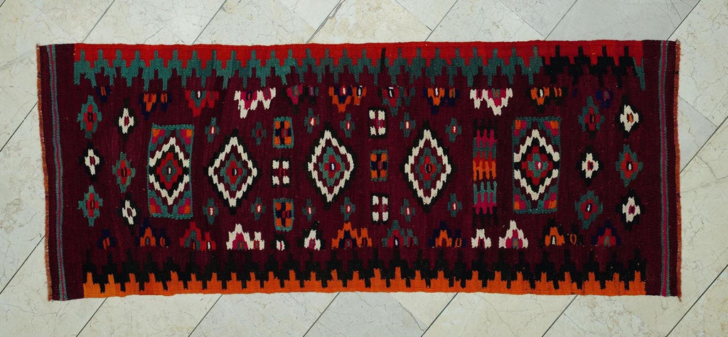 Small Size Handmade Kilim Rug Runner: 2.7x7 ft, Christmas Gift Rugs.