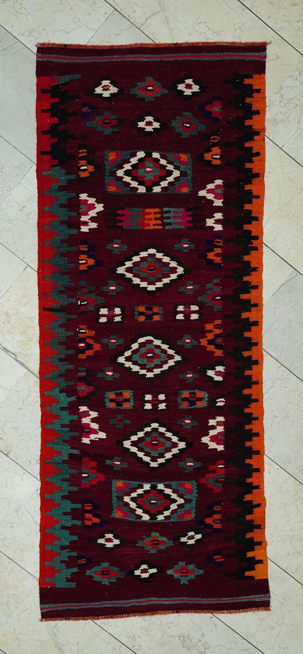 Small Size Handmade Kilim Rug Runner: 2.7x7 ft, Christmas Gift Rugs.