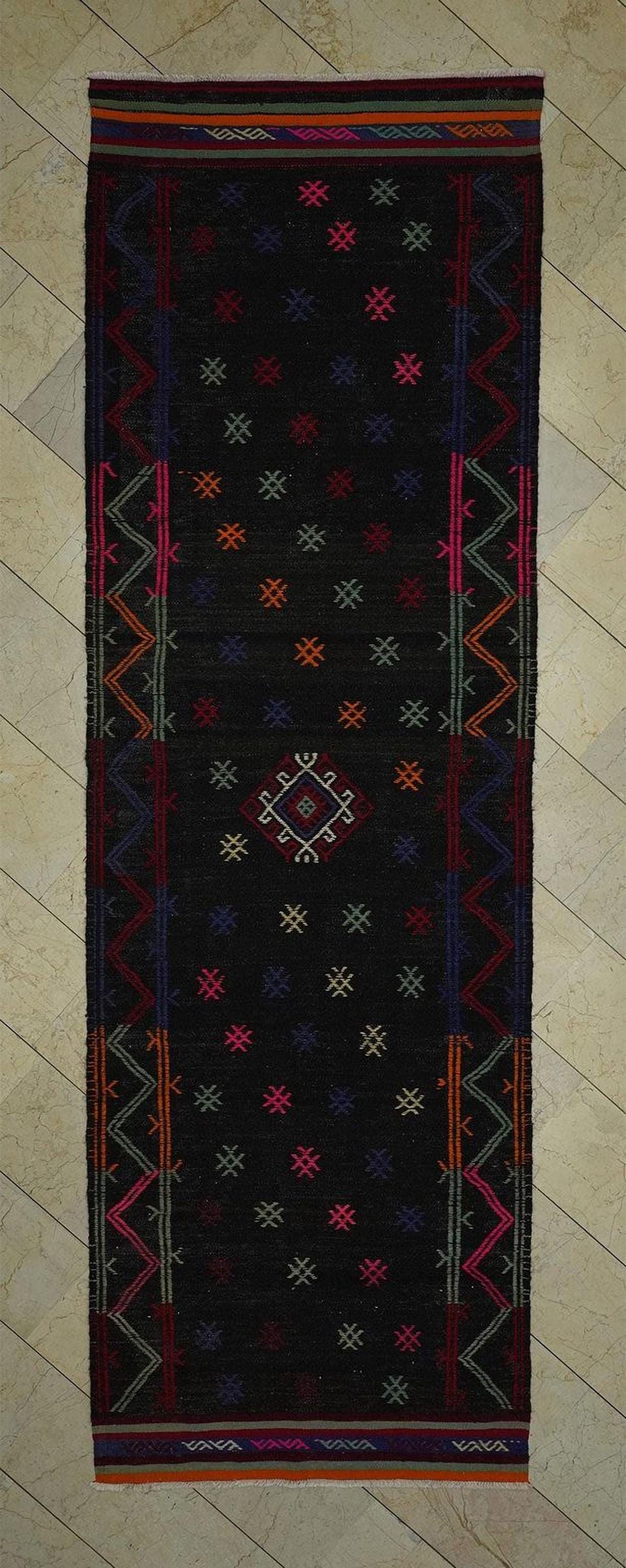 Handmade Kilim Rug Runner: 4x12 Wool Goat Hair, Vintage Turkish Decor
