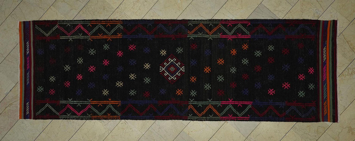 Handmade Kilim Rug Runner: 4x12 Wool Goat Hair, Vintage Turkish Decor
