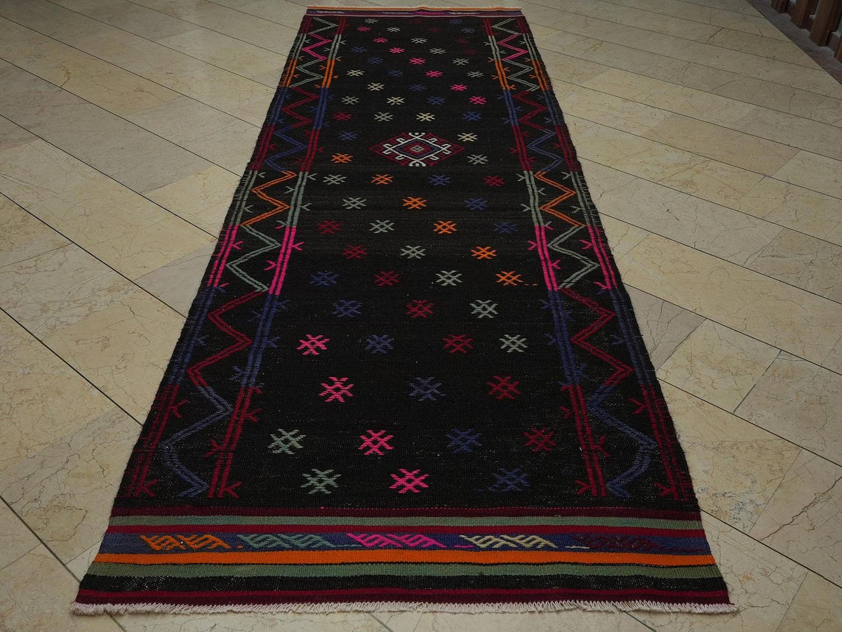 Handmade Kilim Rug Runner: 4x12 Wool Goat Hair, Vintage Turkish Decor
