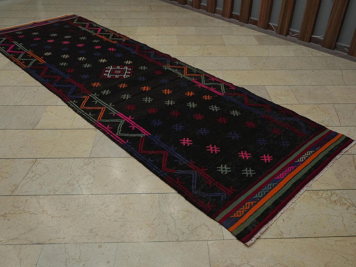 Handmade Kilim Rug Runner: 4x12 Wool Goat Hair, Vintage Turkish Decor
