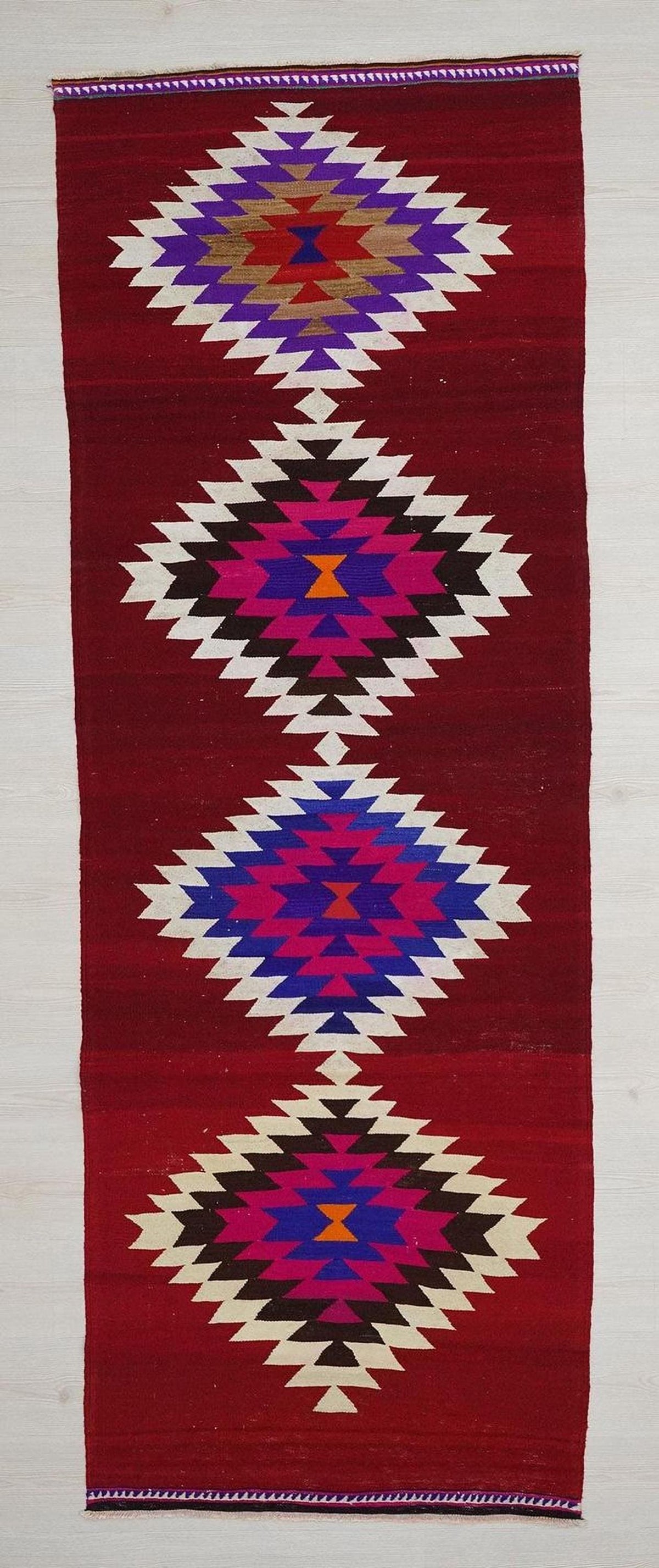 Vintage Turkish Kilim Rug Runner: Red Pink Color Flat Woven Wool Rugs 3,4"x9,5"