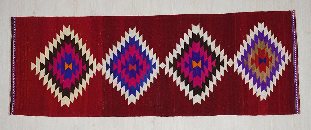 Vintage Turkish Kilim Rug Runner: Red Pink Color Flat Woven Wool Rugs 3,4"x9,5"