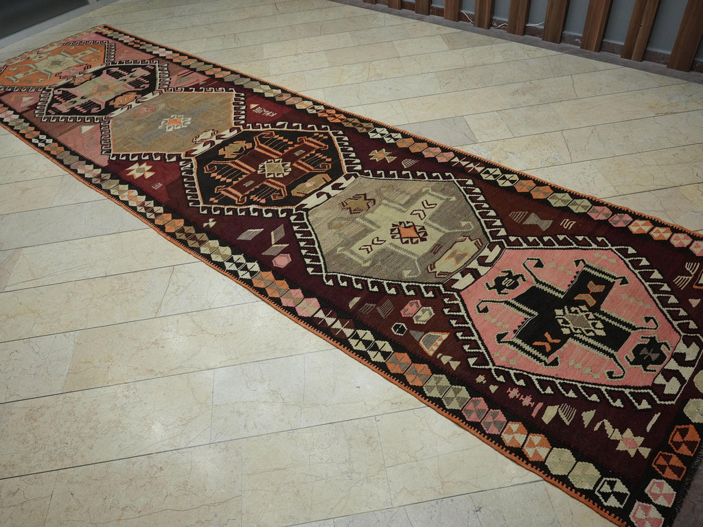 Extra Long Turkish Kilim Rug Runner: 4.6x17 ft, Primitive Pastel Wool Rugs.
