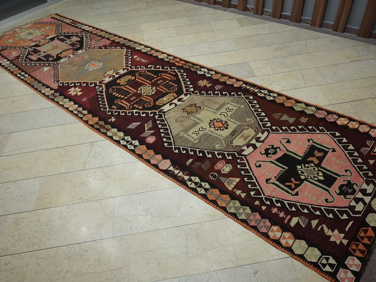 Extra Long Turkish Kilim Rug Runner: 4.6x17 ft, Primitive Pastel Wool Rugs.