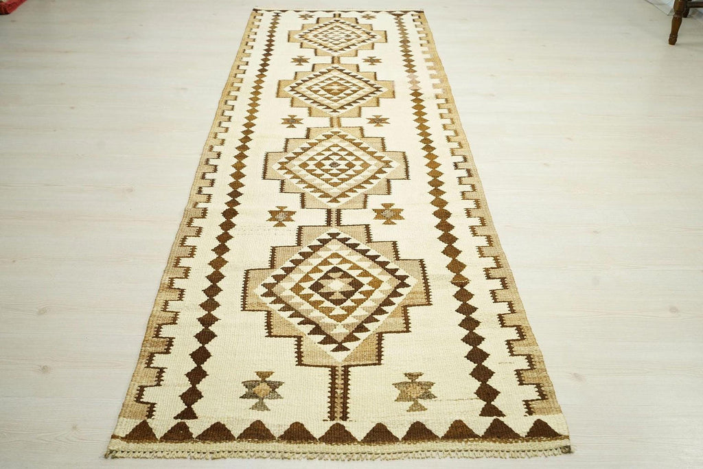 Vintage Kilim Rug Runner: Handwoven Wool, Brown & Cream Rugs, 3x9.4 ft.