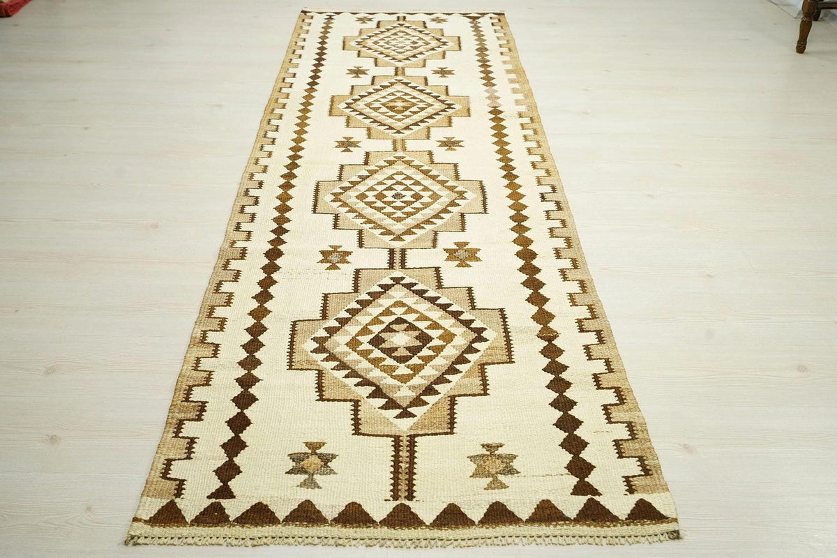Vintage Kilim Rug Runner: Handwoven Wool, Brown & Cream Rugs, 3x9.4 ft.