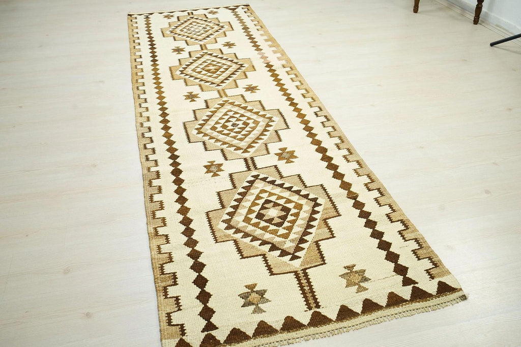 Vintage Kilim Rug Runner: Handwoven Wool, Brown & Cream Rugs, 3x9.4 ft.