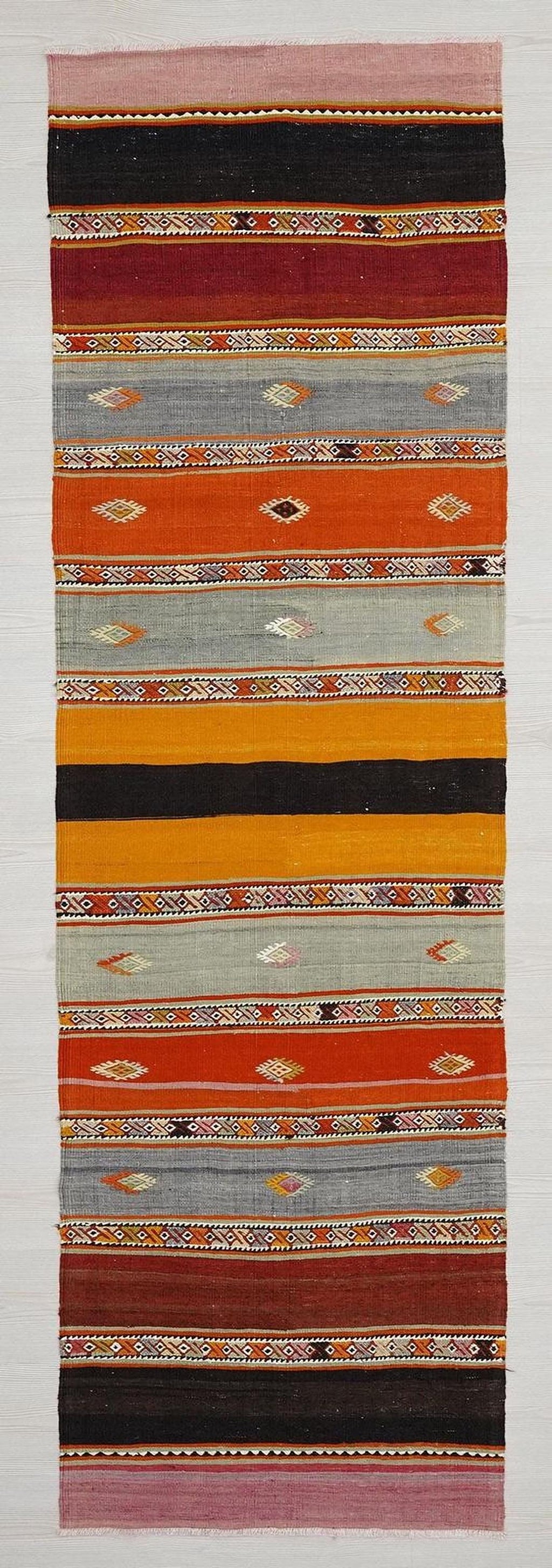 Minimalist Stripe Antique Kilim Rug Runner: Turkish Wool Rugs 2,5x8,4 Ft