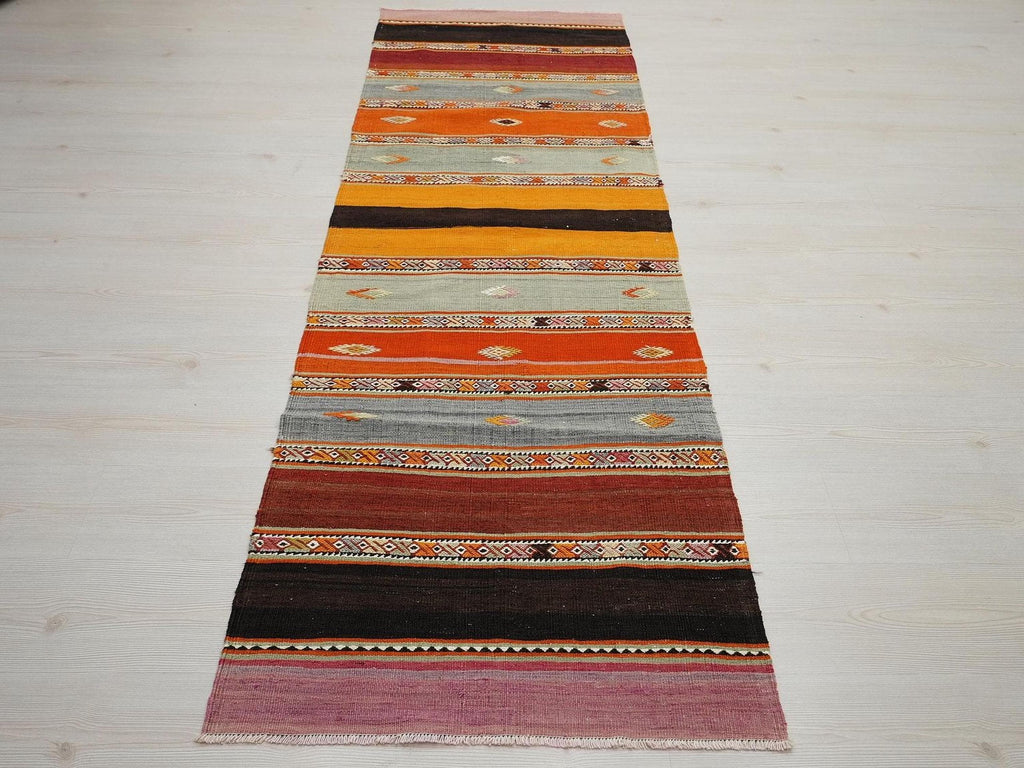 Minimalist Stripe Antique Kilim Rug Runner: Turkish Wool Rugs 2,5x8,4 Ft