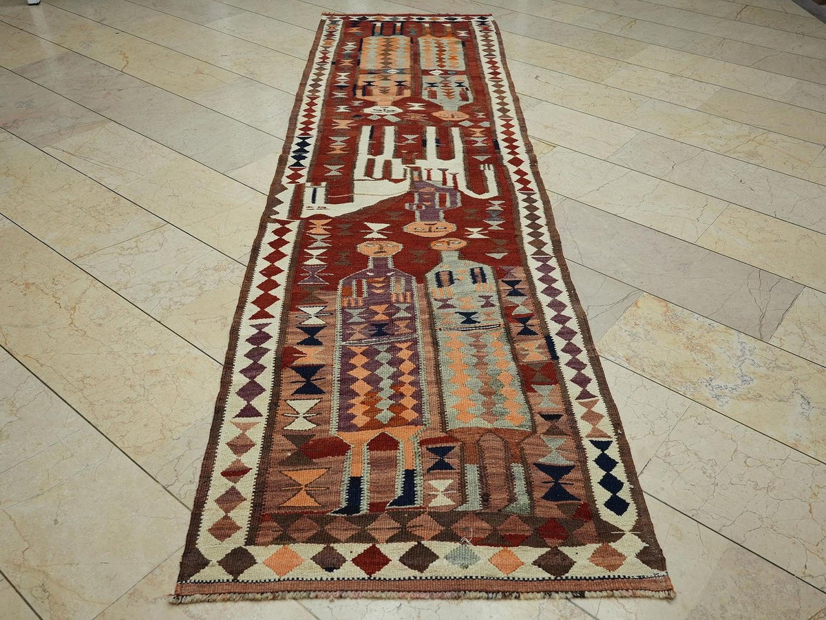 Vintage Turkish Kilim Rug Runner: Horse & Human Design, Wool Flat Woven Rugs,3x11 Feet