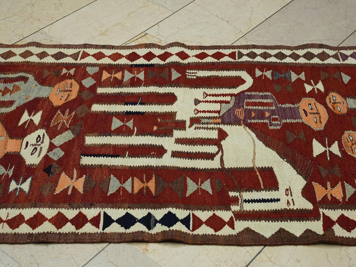 Vintage Turkish Kilim Rug Runner: Horse & Human Design, Wool Flat Woven Rugs,3x11 Feet