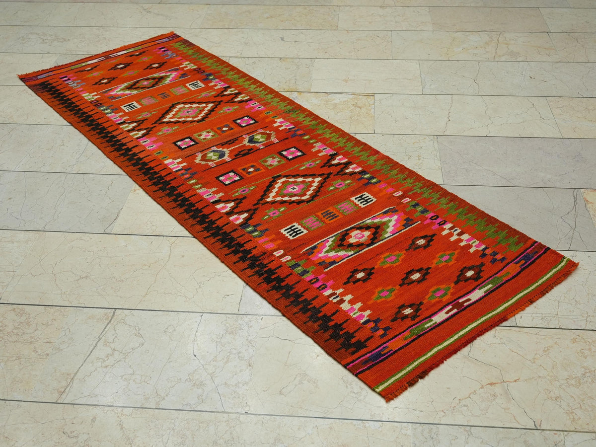 Orange Kilim Rug Runner: Small Size Flat Weave Tribal Rugs, 2.3x6.8 ft.