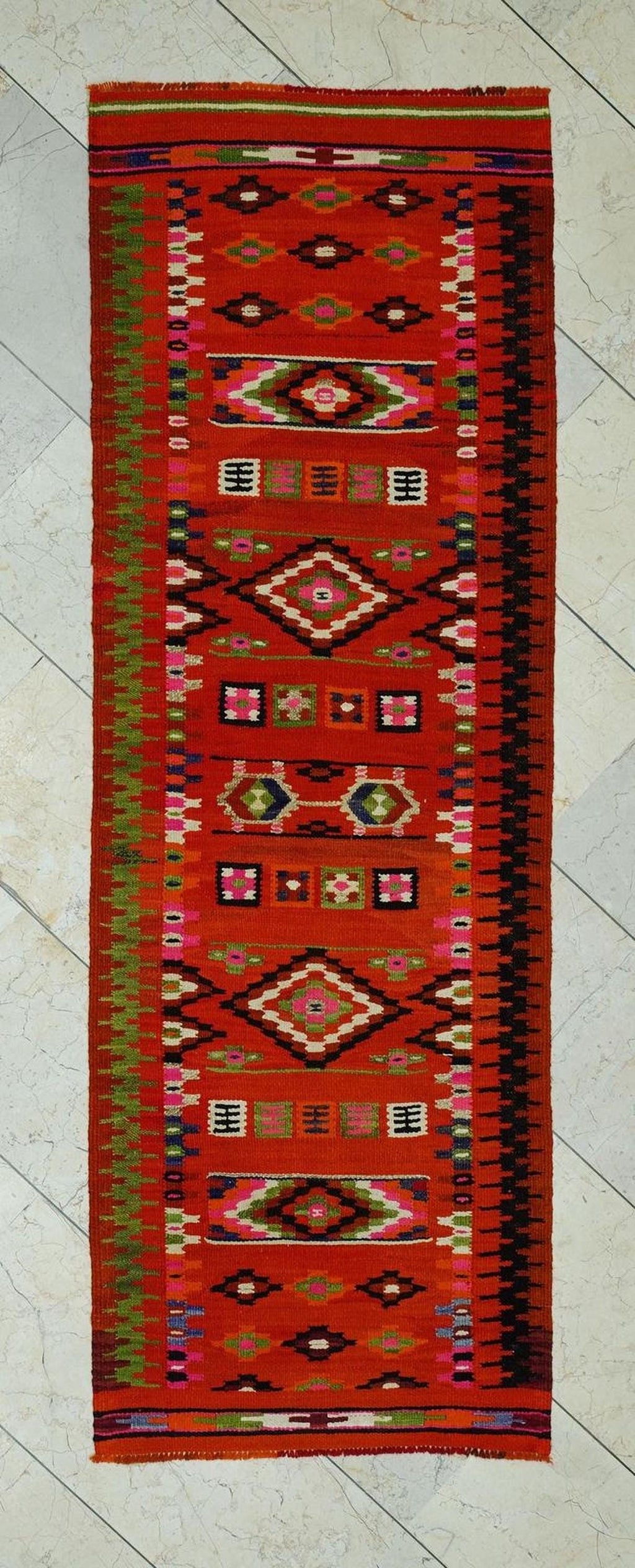 Orange Kilim Rug Runner: Small Size Flat Weave Tribal Rugs, 2.3x6.8 ft.