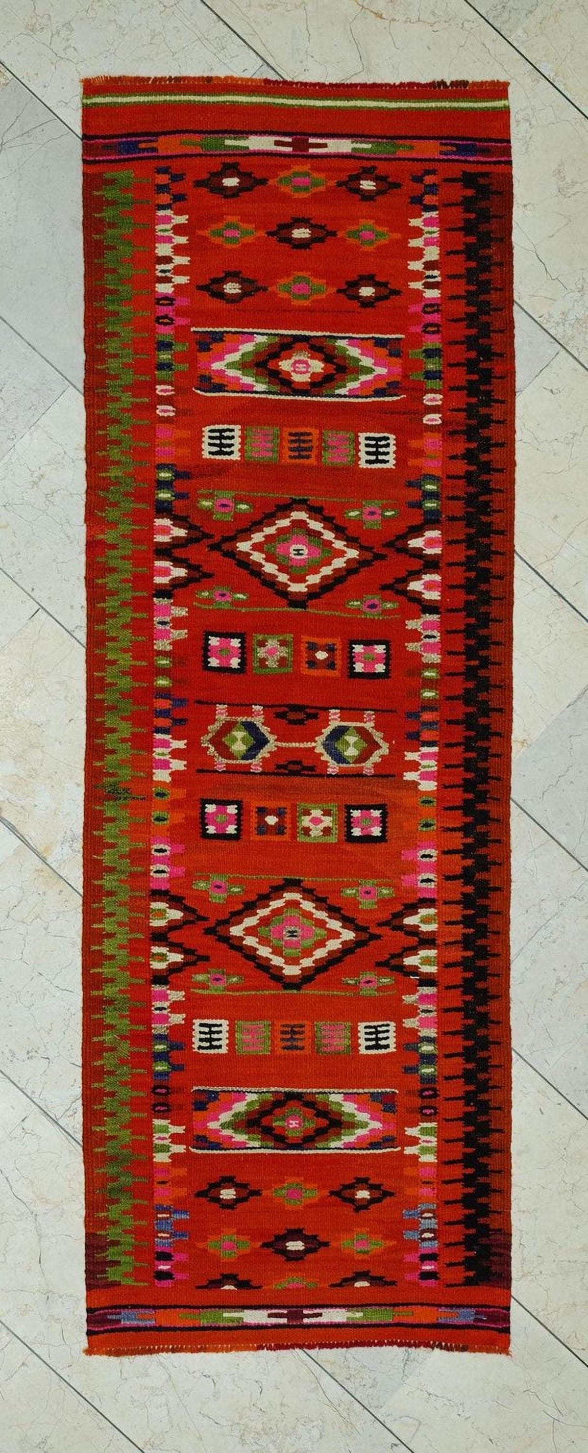 Orange Kilim Rug Runner: Small Size Flat Weave Tribal Rugs, 2.3x6.8 ft.