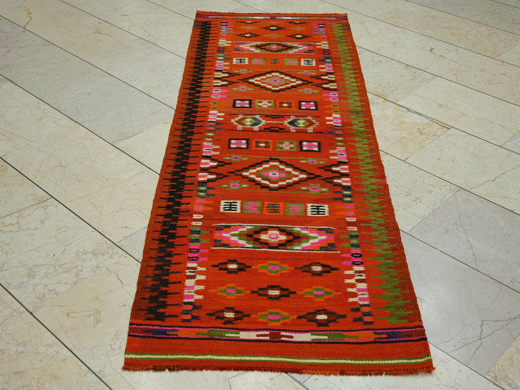 Orange Kilim Rug Runner: Small Size Flat Weave Tribal Rugs, 2.3x6.8 ft.