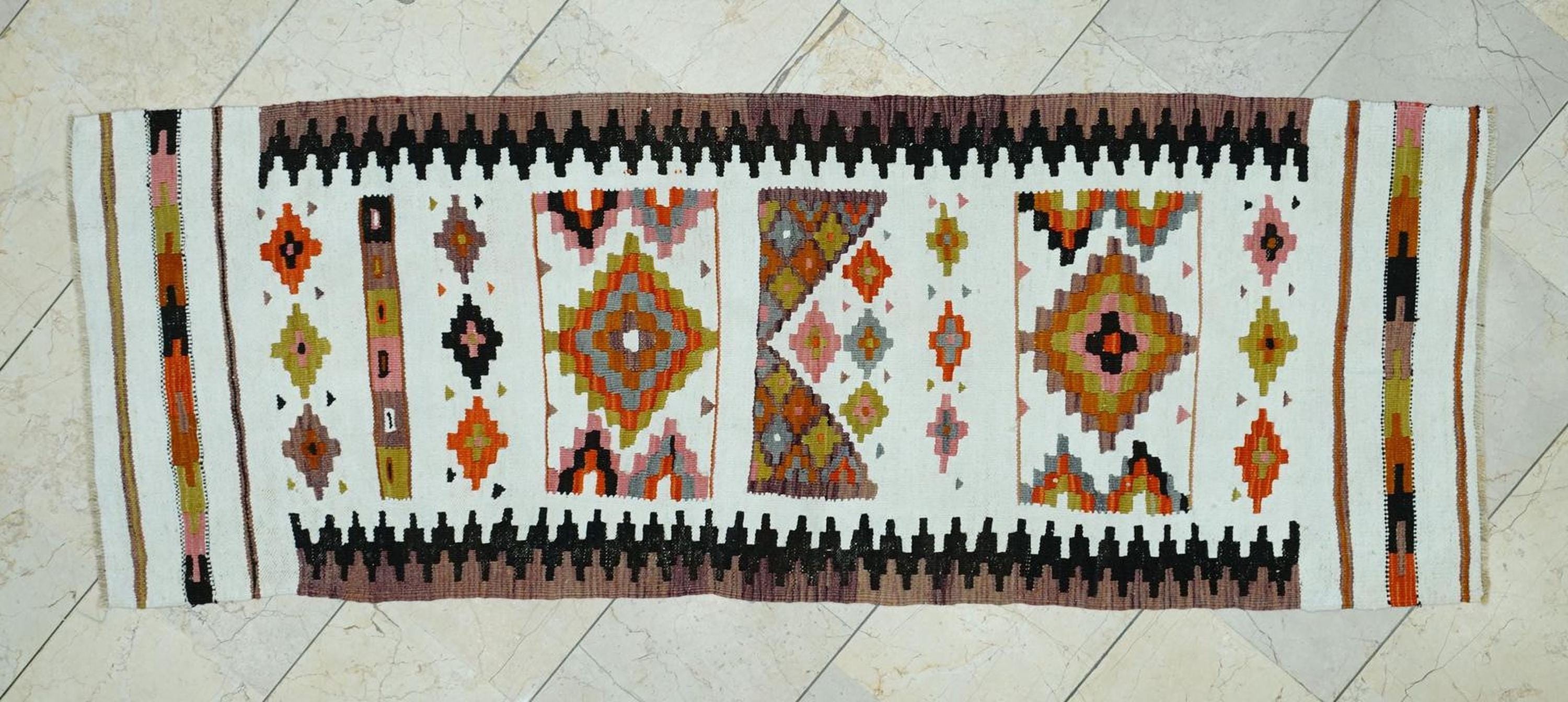 Small Size Tribal Kilim Rug Runner: White & Orange Flat Weave Rugs, 2.4x6.7 ft.