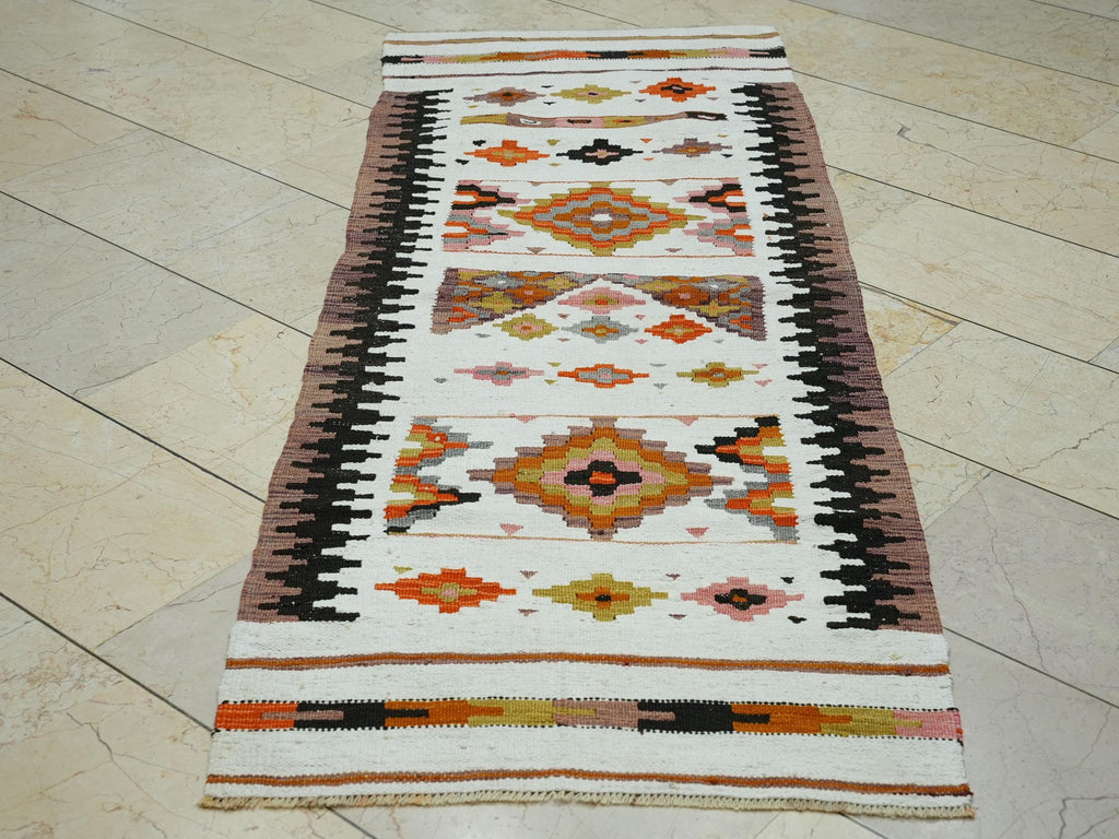 Small Size Tribal Kilim Rug Runner: White & Orange Flat Weave Rugs, 2.4x6.7 ft.