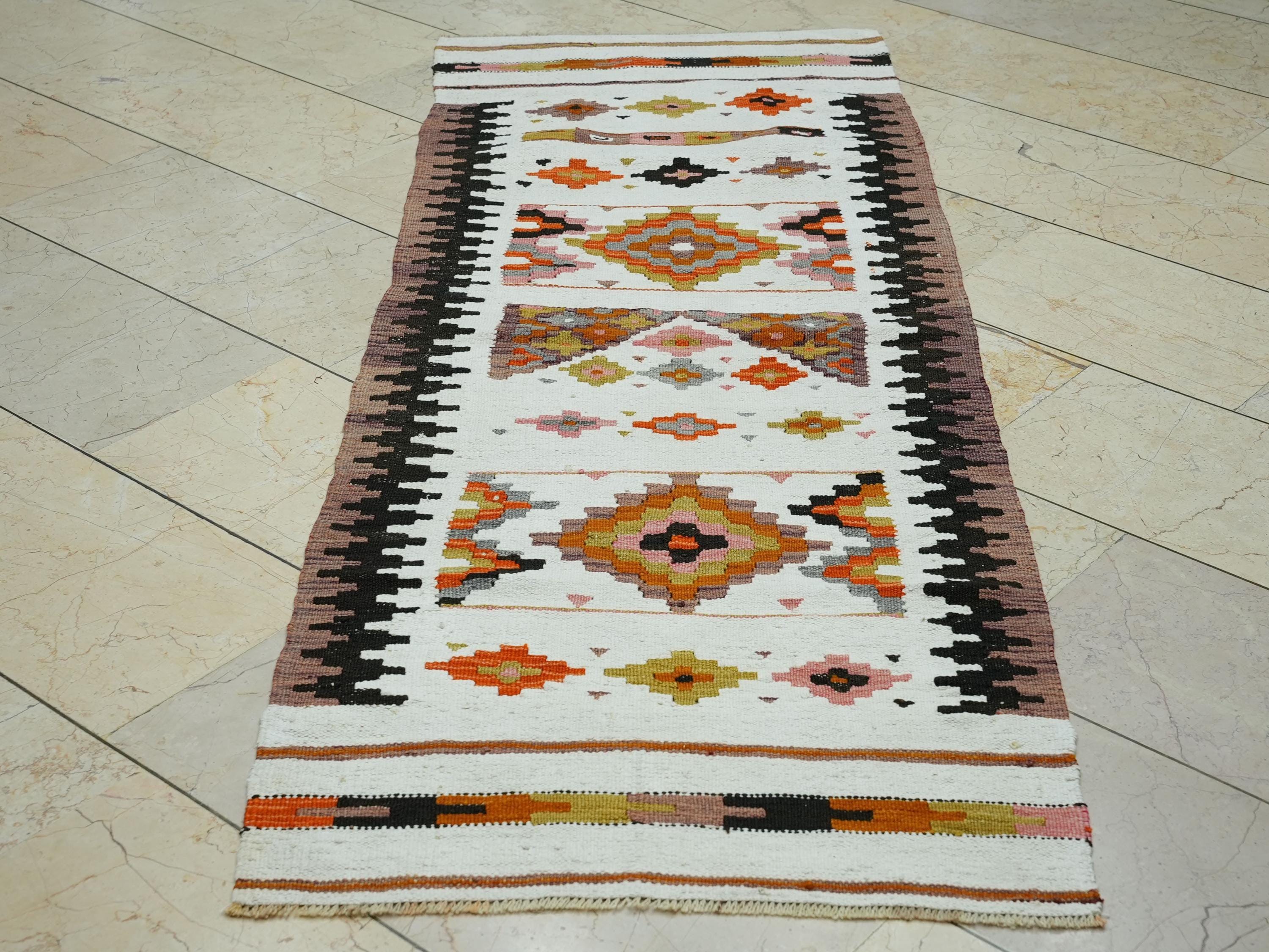 Small Size Tribal Kilim Rug Runner: White & Orange Flat Weave Rugs, 2.4x6.7 ft.