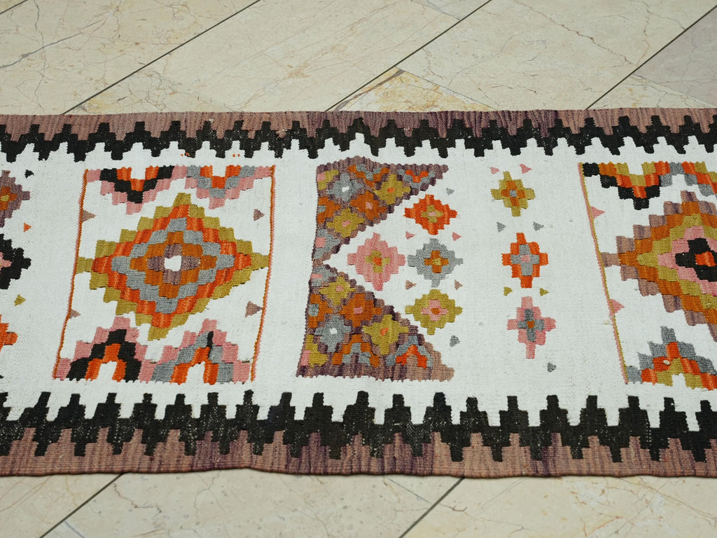 Small Size Tribal Kilim Rug Runner: White & Orange Flat Weave Rugs, 2.4x6.7 ft.