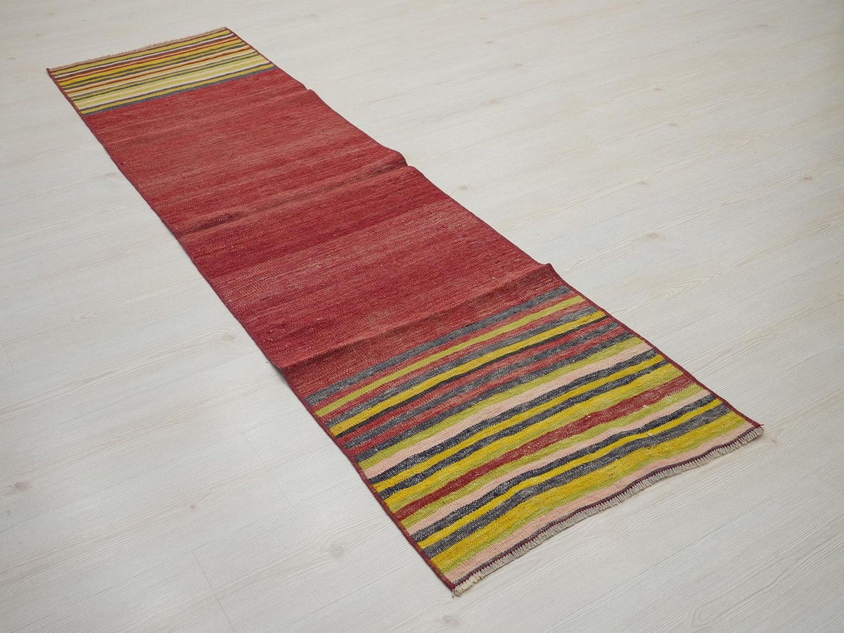 Red Turkish Kilim Rug Runner: Vintage Wool Hallway Decor Rugs,2"x7.8" Feet.