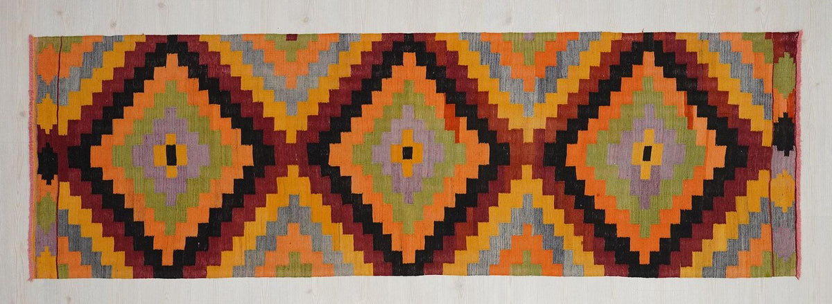 3x10 Vintage Turkish Kilim Rug Runner: Colorful Wool Hallway Decor Rugs.