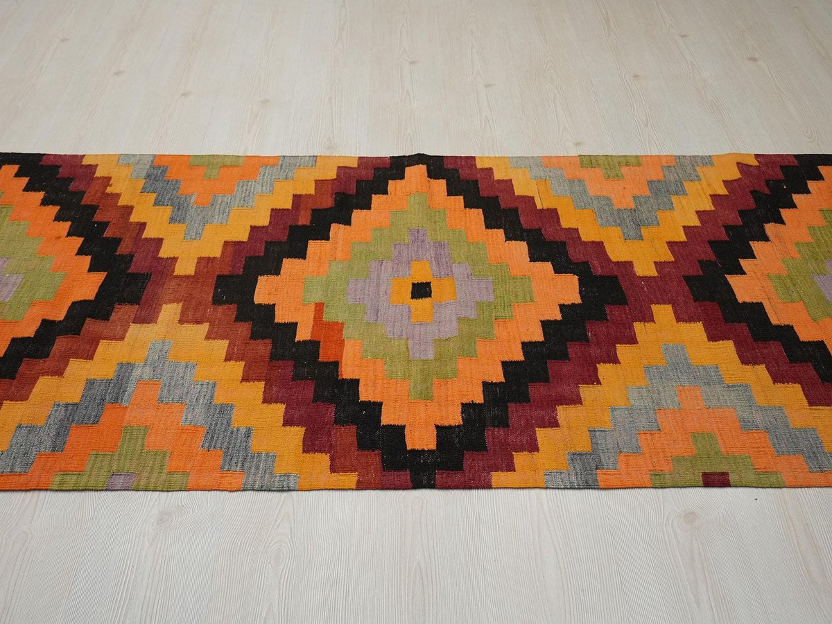 3x10 Vintage Turkish Kilim Rug Runner: Colorful Wool Hallway Decor Rugs.