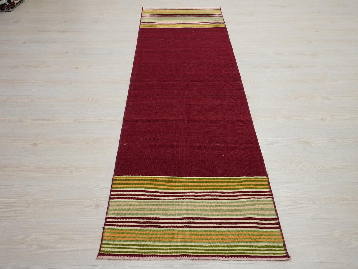 2x8 Christmas Gift Vintage Turkish Kilim Rug Runner: Red Wool Flat Weave Rugs.