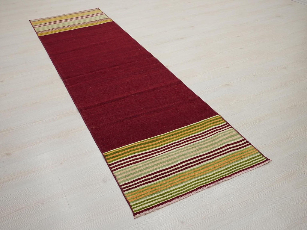 2x8 Christmas Gift Vintage Turkish Kilim Rug Runner: Red Wool Flat Weave Rugs.
