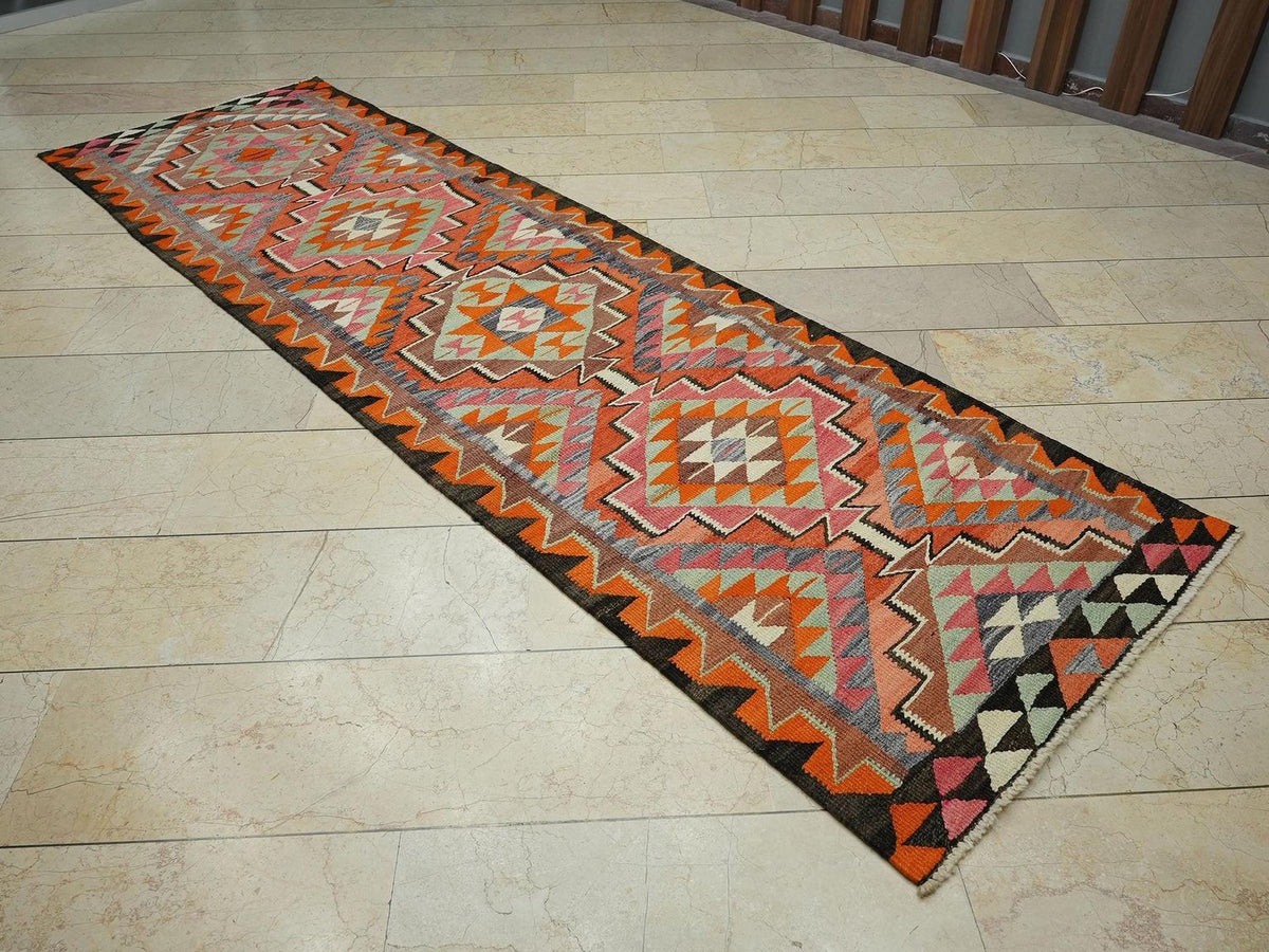 Tribal Pattern Flat Weave Kurdish Kilim Rug Runner: 3.2x10.9 Feet,Colorful Rugs.