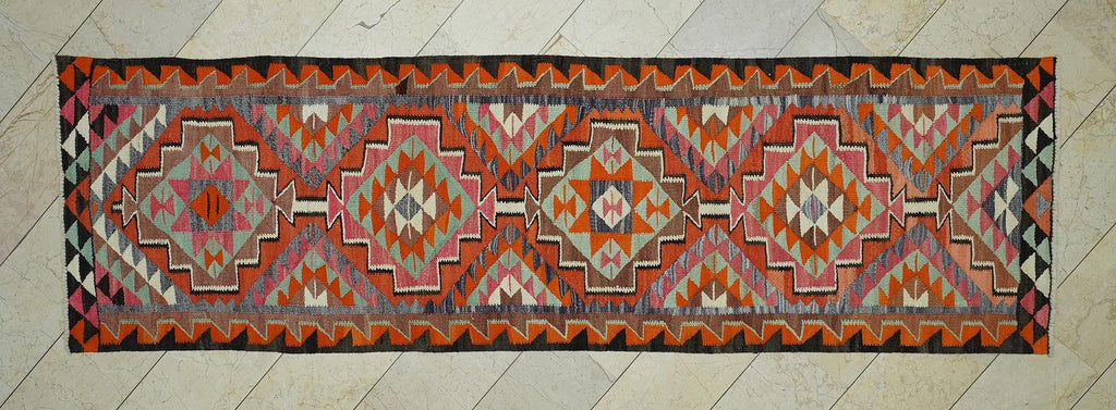 Tribal Pattern Flat Weave Kurdish Kilim Rug Runner: 3.2x10.9 Feet,Colorful Rugs.