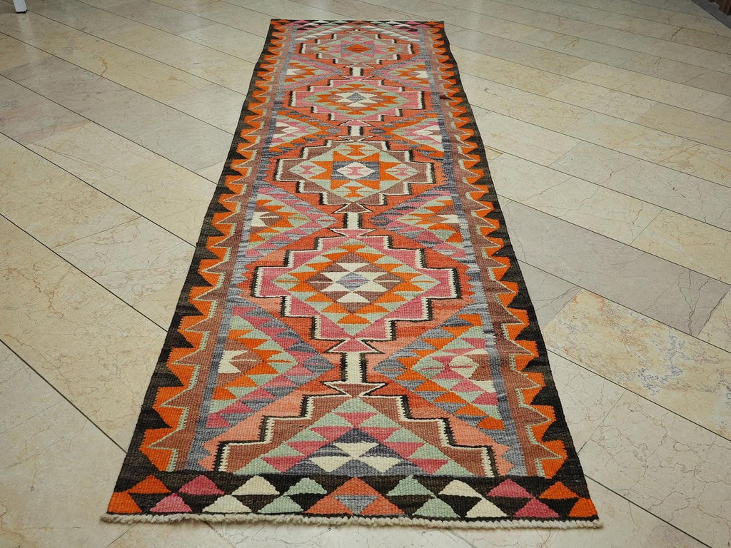Tribal Pattern Flat Weave Kurdish Kilim Rug Runner: 3.2x10.9 Feet,Colorful Rugs.