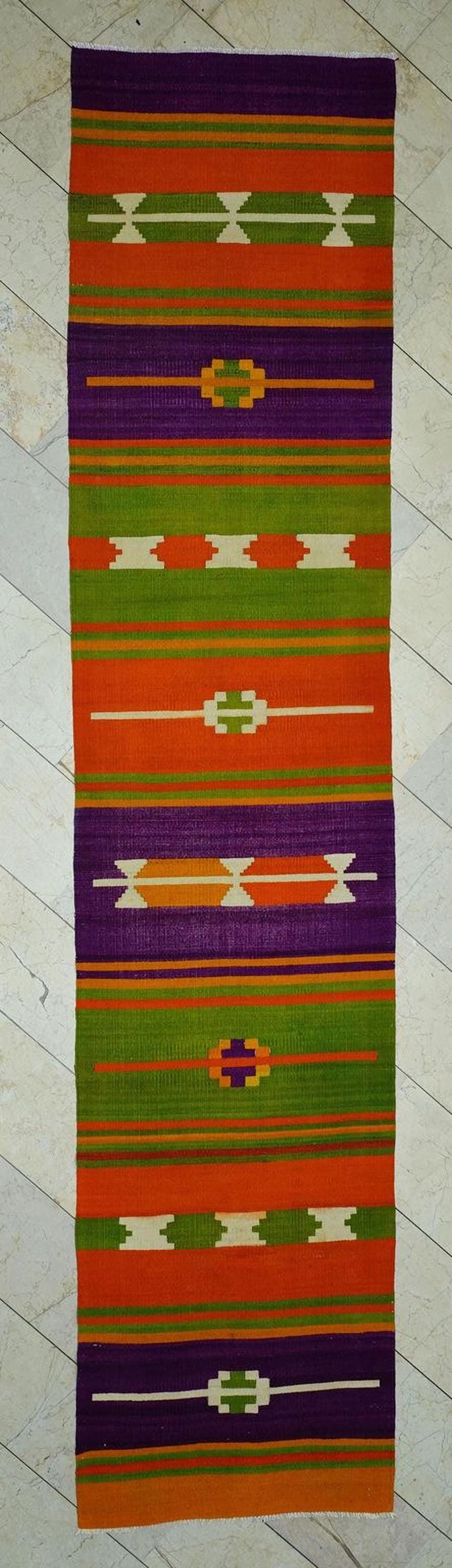 Multi Bright Colors Striped Turkish Kilim Rug Runner: 3X13.6 Feet,Primitive Design Handmade Rugs.