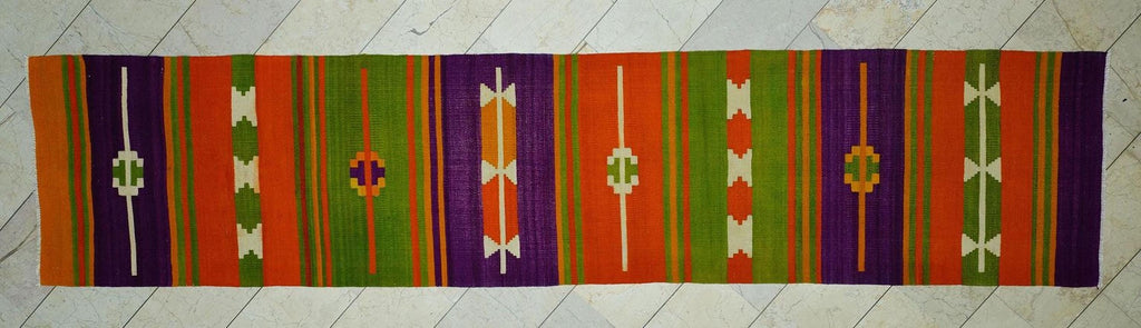 Multi Bright Colors Striped Turkish Kilim Rug Runner: 3X13.6 Feet,Primitive Design Handmade Rugs.
