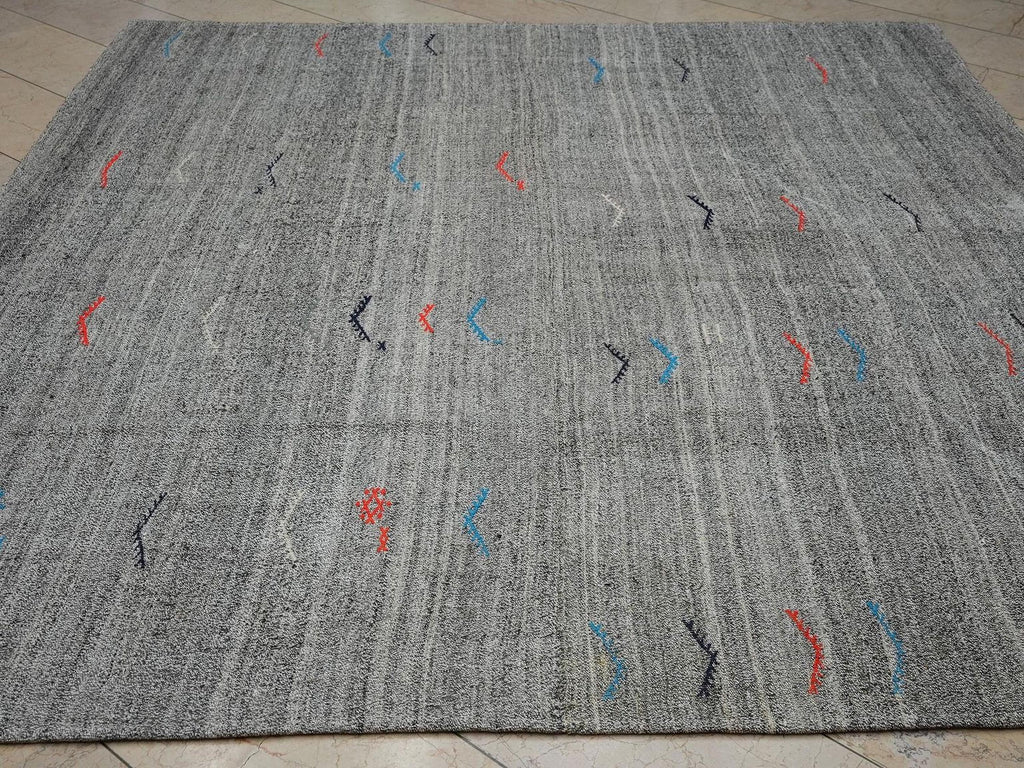 8x9 Square Size Natural Gray Flat-weave Turkish Kilim Rug: Vintage Style Home Living Rugs.