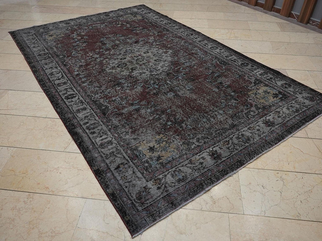 Vintage Overdyed Anthracite Black - Turkish Oushak Rug,6.1x9.7 Feet,Bohemian Style Home Living Rugs.