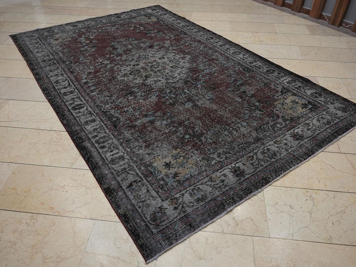 Vintage Overdyed Anthracite Black - Turkish Oushak Rug,6.1x9.7 Feet,Bohemian Style Home Living Rugs.