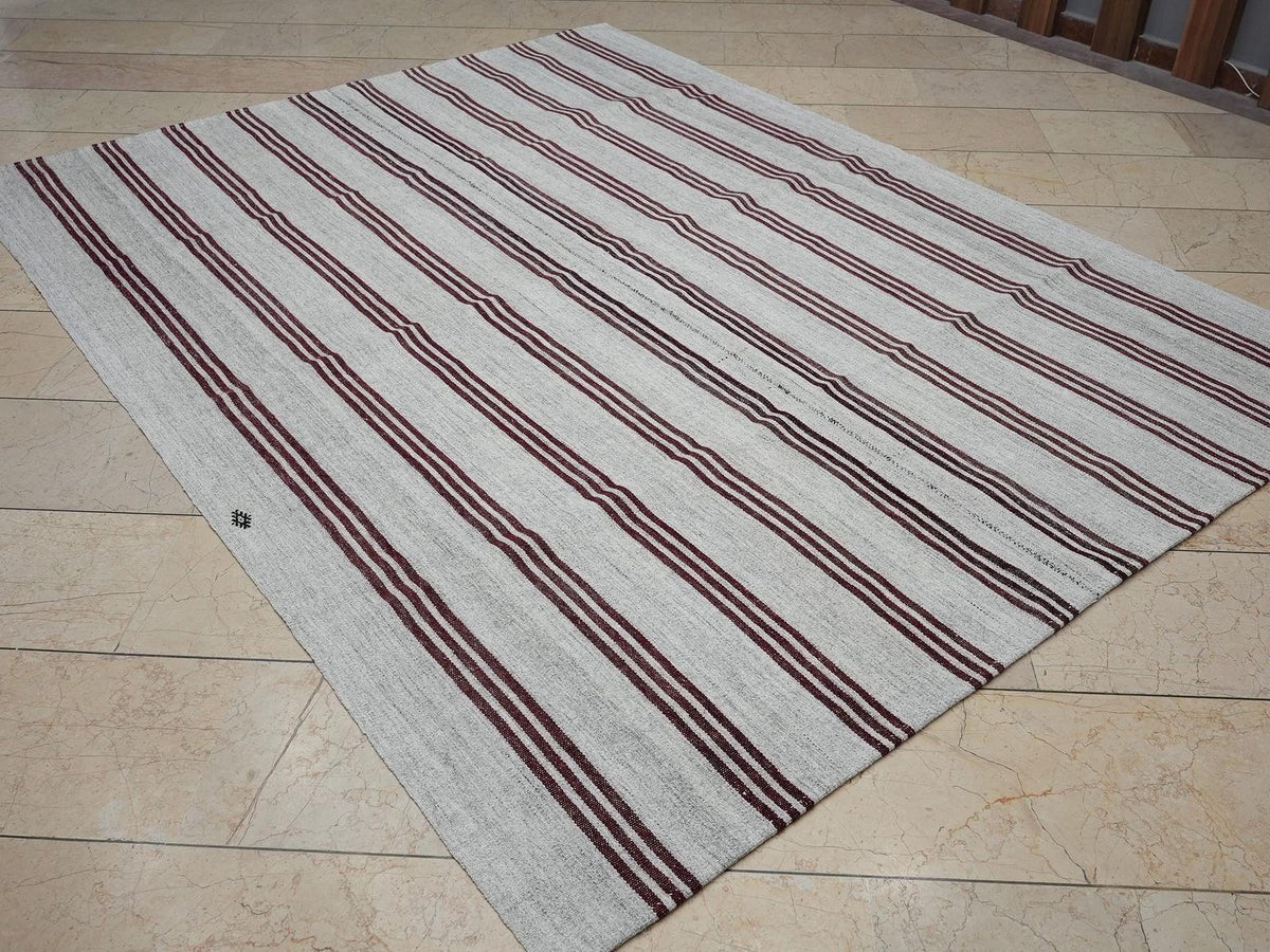 Wine Red Striped ivory Turkish Kilim Rug: 6.6x8.5 Feet,Vintage Scandinavian Style Decor Rugs.
