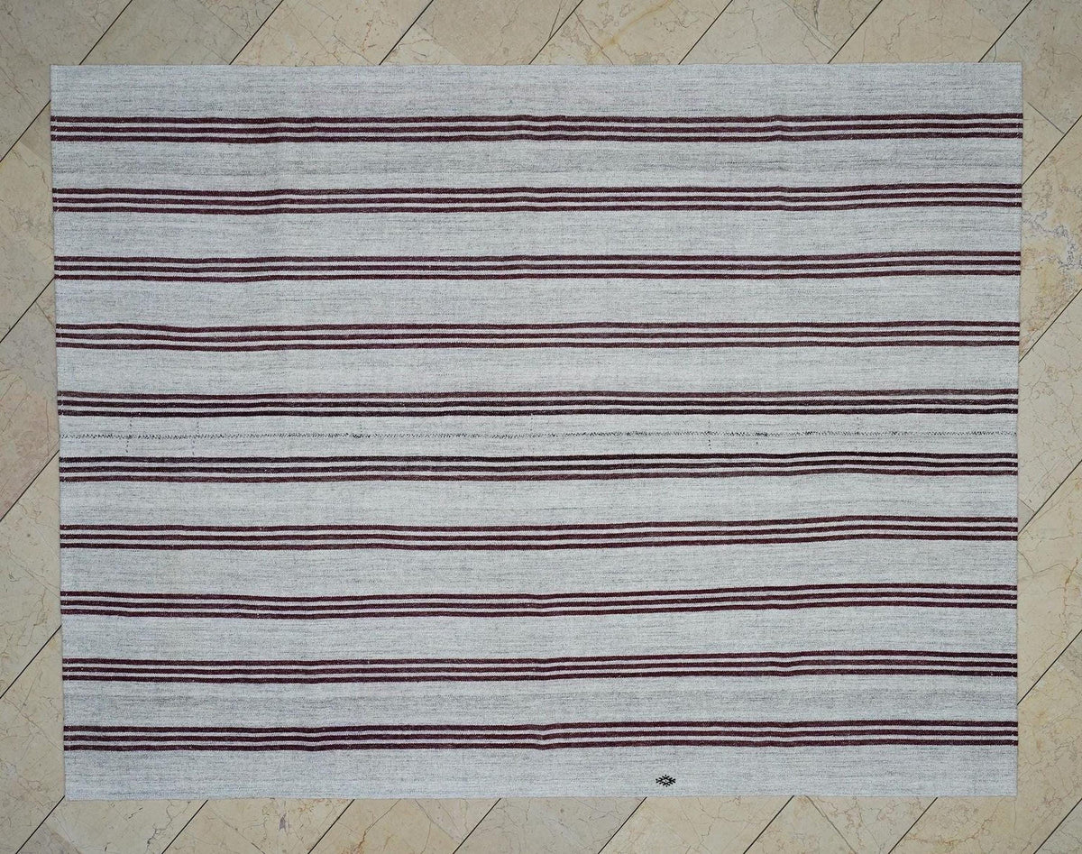 Wine Red Striped ivory Turkish Kilim Rug: 6.6x8.5 Feet,Vintage Scandinavian Style Decor Rugs.