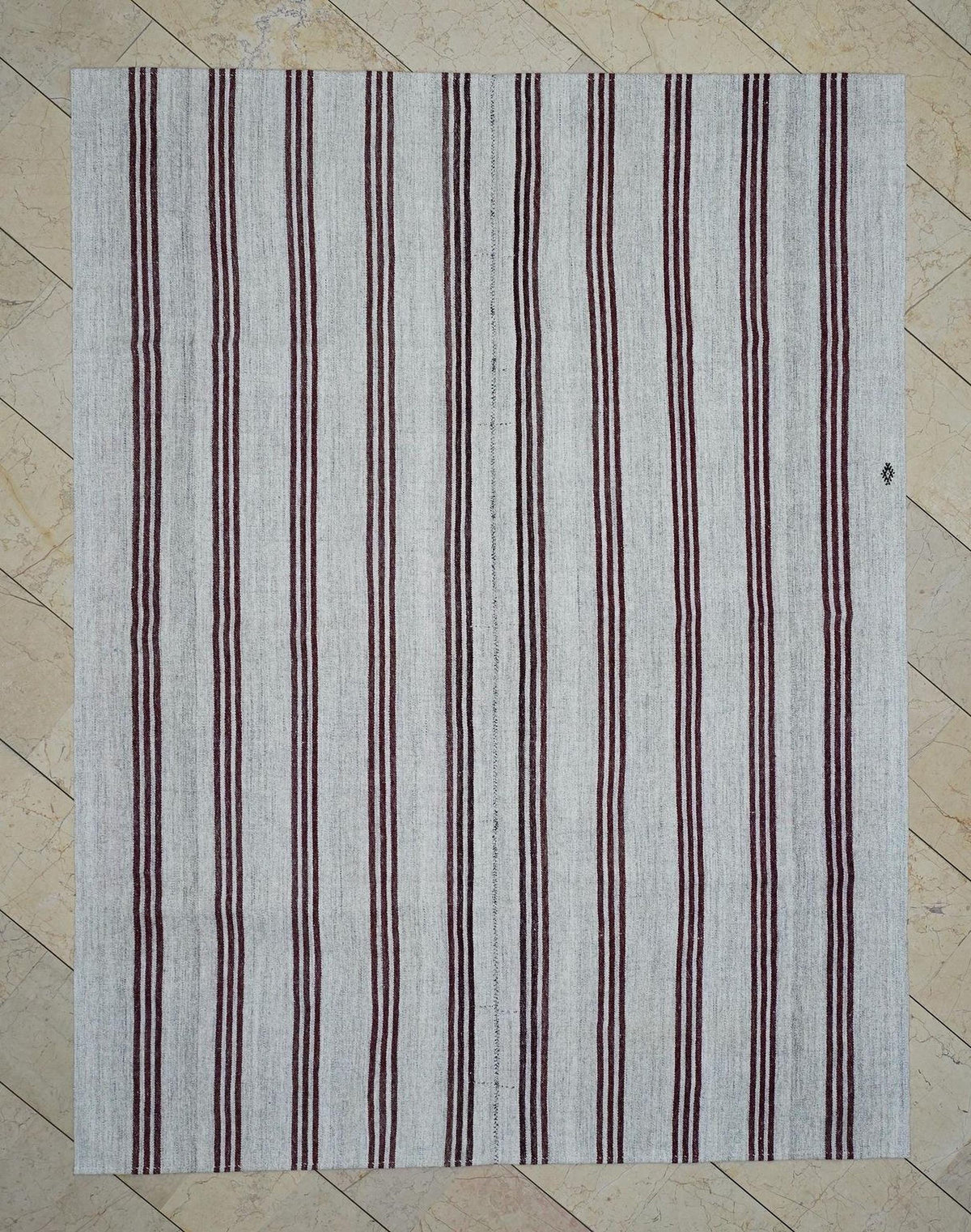 Wine Red Striped ivory Turkish Kilim Rug: 6.6x8.5 Feet,Vintage Scandinavian Style Decor Rugs.