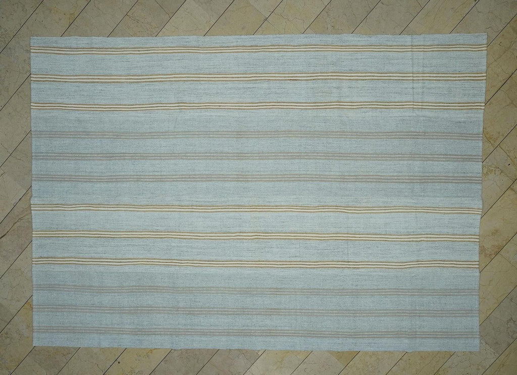 ivory & Terra-cotta Stripe Vintage Turkish Kilim Rug 9x12: Cotton And Goat Hair Handwoven Rugs.