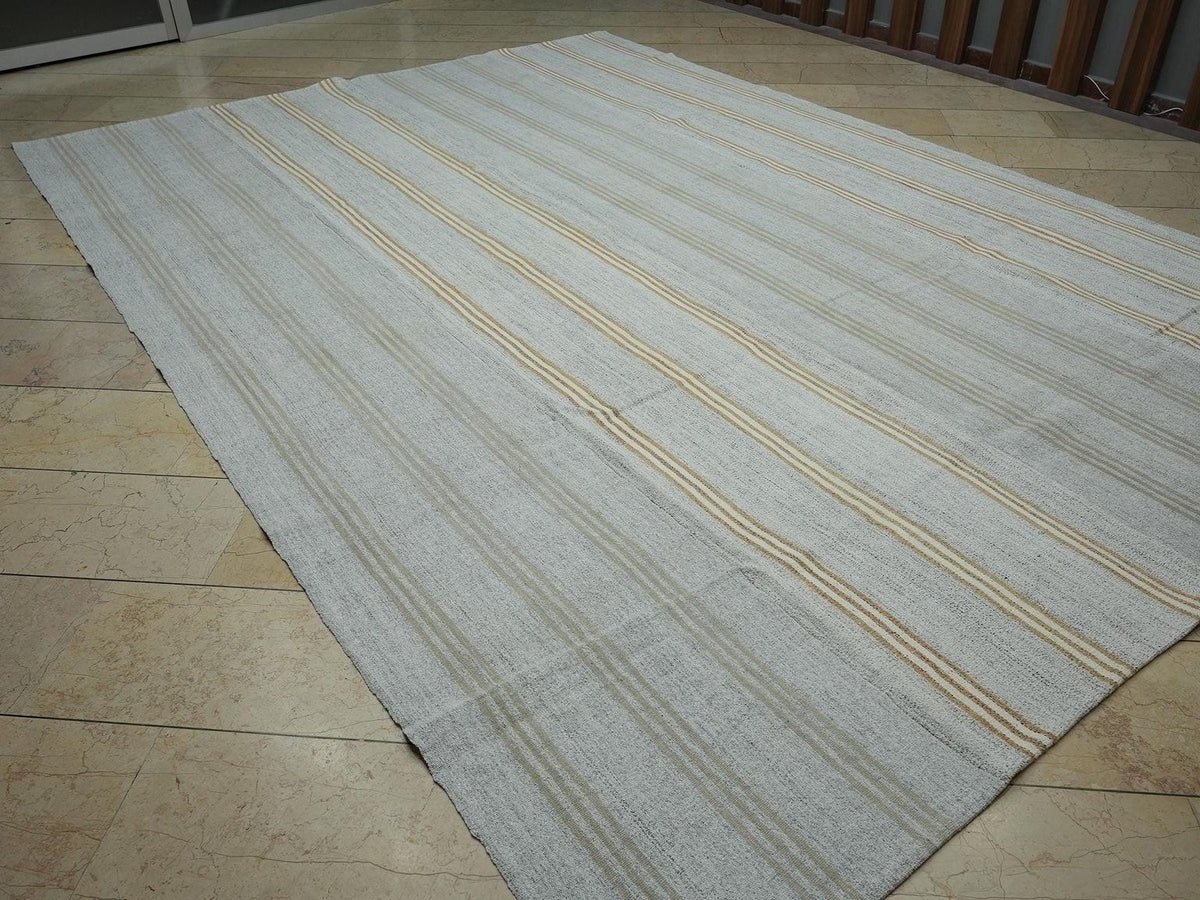 ivory & Terra-cotta Stripe Vintage Turkish Kilim Rug 9x12: Cotton And Goat Hair Handwoven Rugs.
