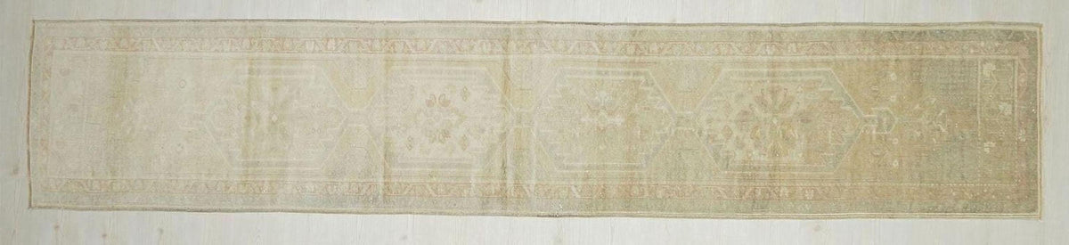 Extra Long Turkish Rug Runner: Handmade Wool Carpet, Faded Primitive Design (2.3x12.7 ft)