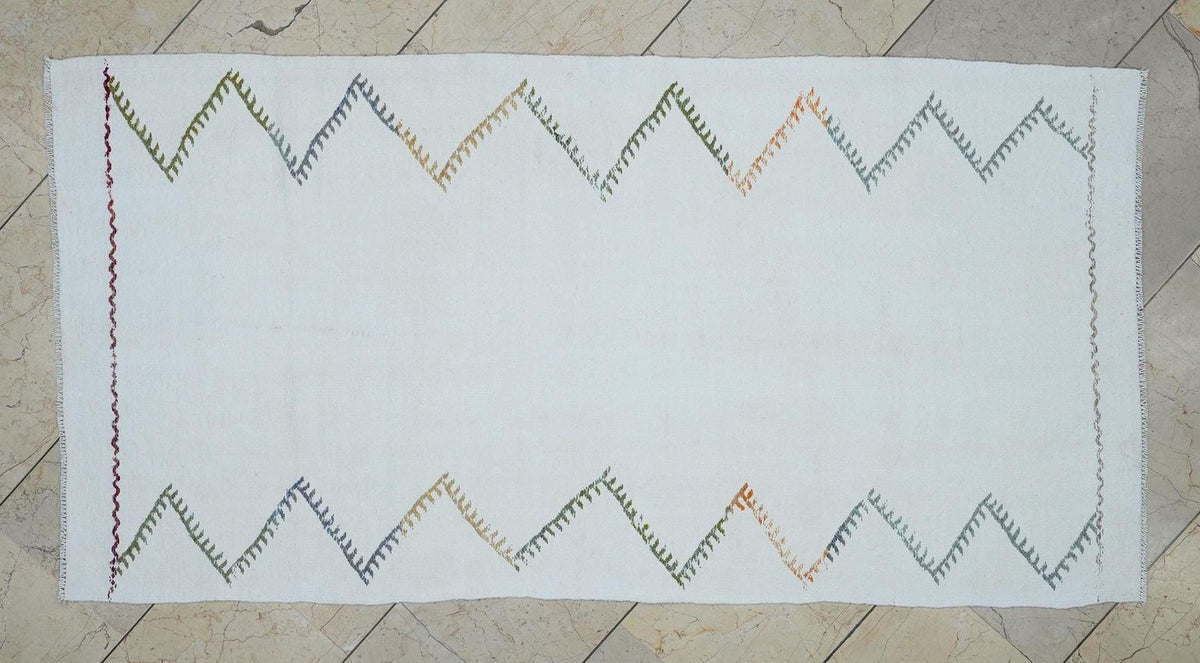 3x6 Organic Natural White Cotton Rug - Small Size Flat-weave Turkish Kilim,Home Living Decor.
