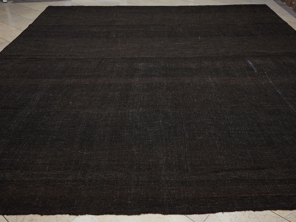 Plain Dark Brown-Natural Goat Hair Kilim Rug: 12.5x11.2 Feet,Oversize Nomadic Tent Rugs.