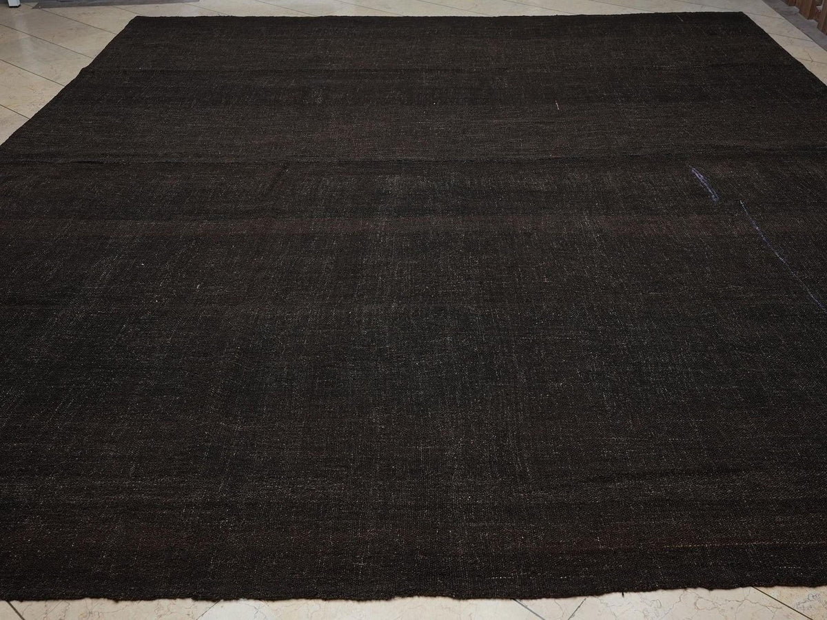 Plain Dark Brown-Natural Goat Hair Kilim Rug: 12.5x11.2 Feet,Oversize Nomadic Tent Rugs.