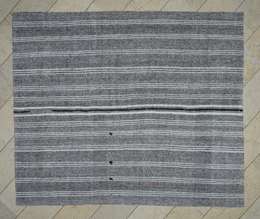 White Stripe Gray-Vintage Scandinavian Style Turkish Kilim Rug,7x8.2 Ft,Cotton - Goat-Hair Mix Rugs.
